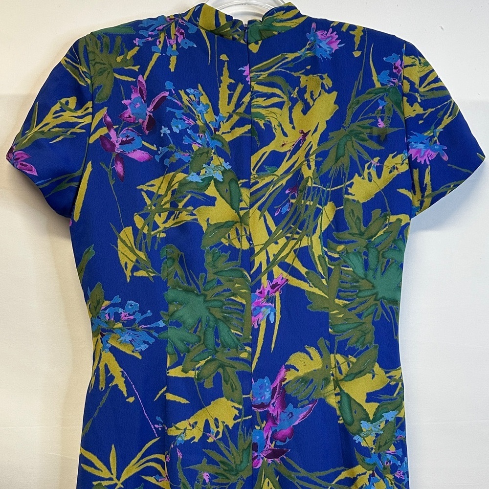 Vintage 90s David Warren Faux Wrap Chiffon Midi Dress Tropical Floral Blue 10 - Picture 5 of 7